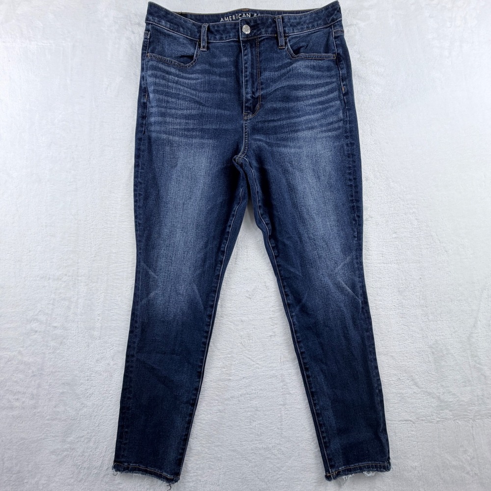 American Eagle Super Hi-Rise Jegging Dark Wash Raw‎ Hem Size 14 Short